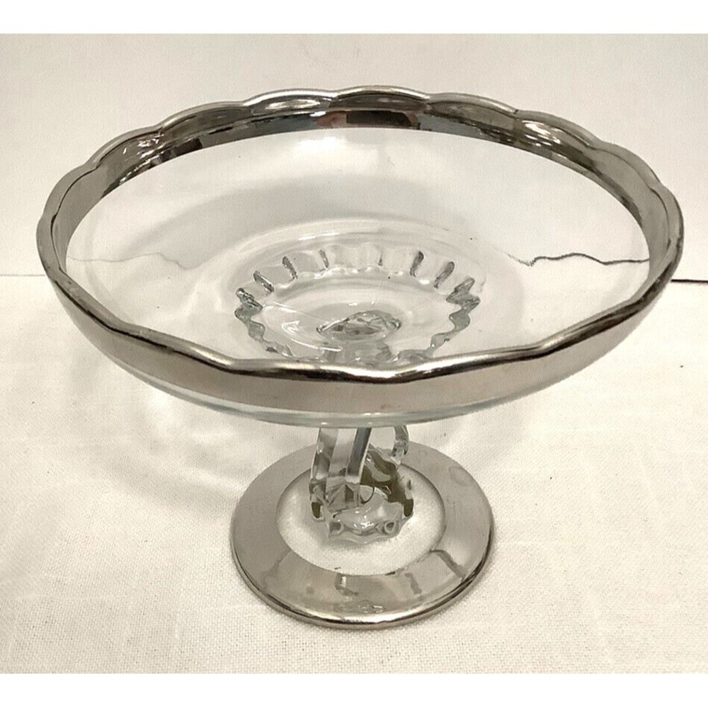 Viking Glass Princess Pattern Clear Harp Stem Pedestal Compote W/ Silver Overlay
